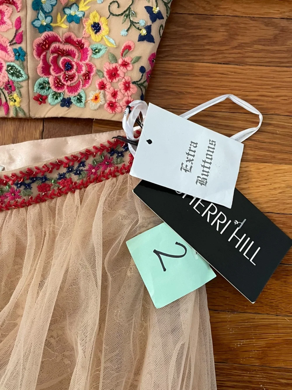 Sherri Hill Blush Lace-Trim A-Line Tulle Skirt and EmbroideredTop Prom Two-Piece - Picture 5 of 9